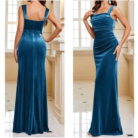 Luxe Velvet Ruched Party Formal Wedding Black Tie Maxi Dress - Picture 6 of 6